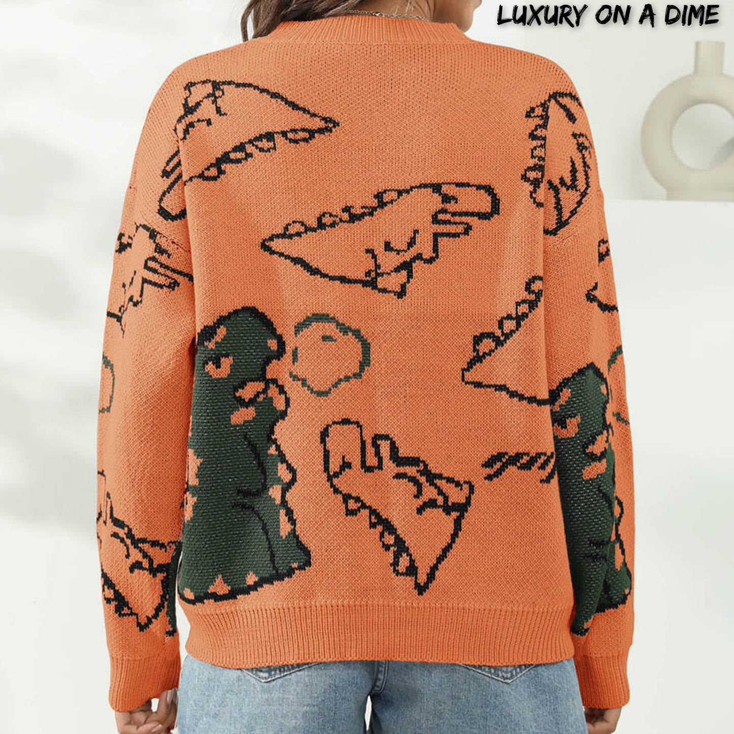 Knit Dinosaur Print Round Neck Long Sleeve Oversized Fun Pullover Sweater