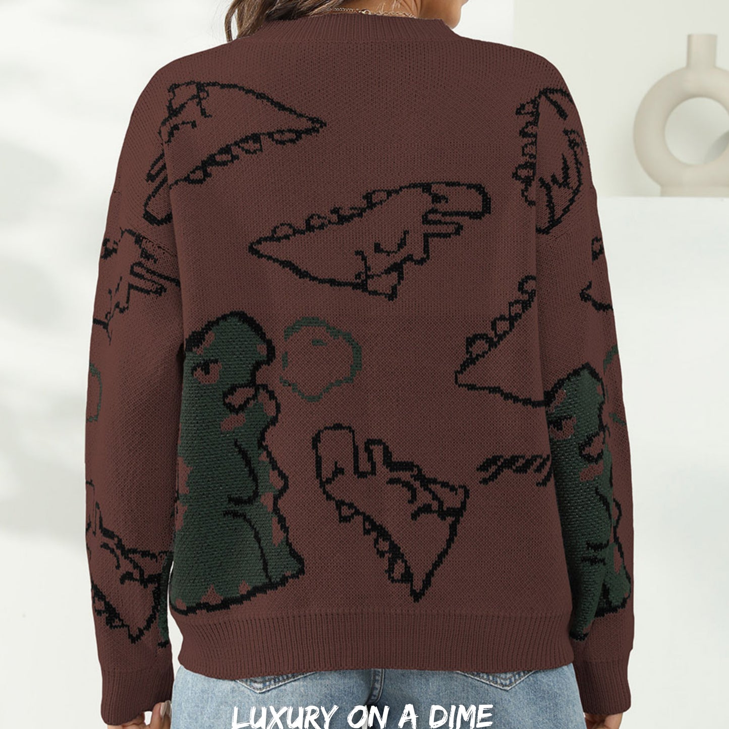 Knit Dinosaur Print Round Neck Long Sleeve Oversized Fun Pullover Sweater