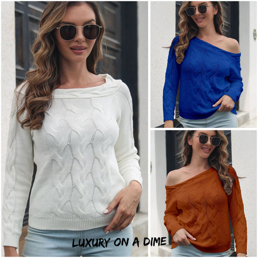 Cable Knit Braided Boat Neck Long Sleeve Minimalist Casual Sweater Shirt