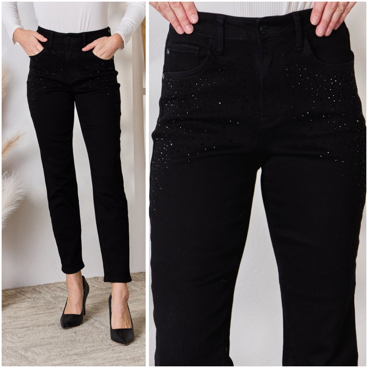 Black Rhinestone Accent Skinny Slim Fit Denim High Rise Waist Jean Pants