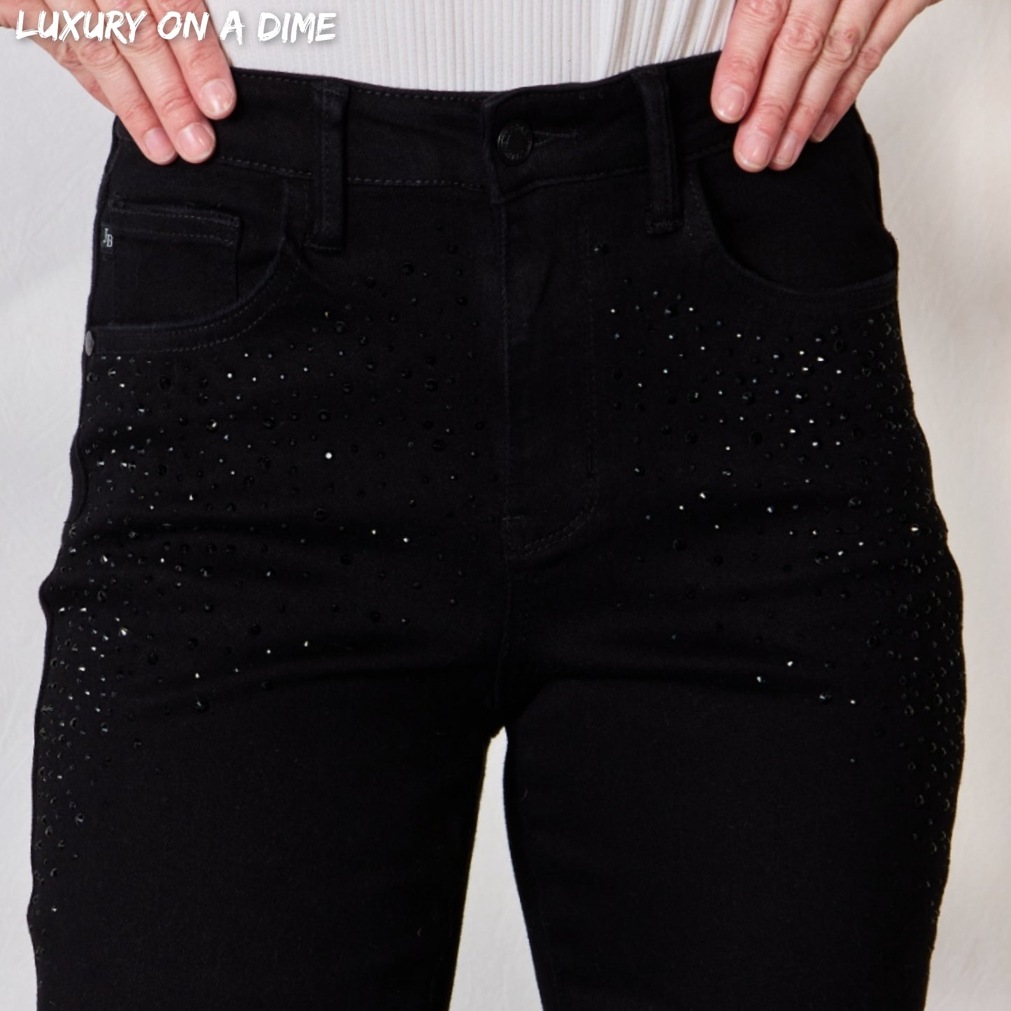 Black Rhinestone Accent Skinny Slim Fit Denim High Rise Waist Jean Pants