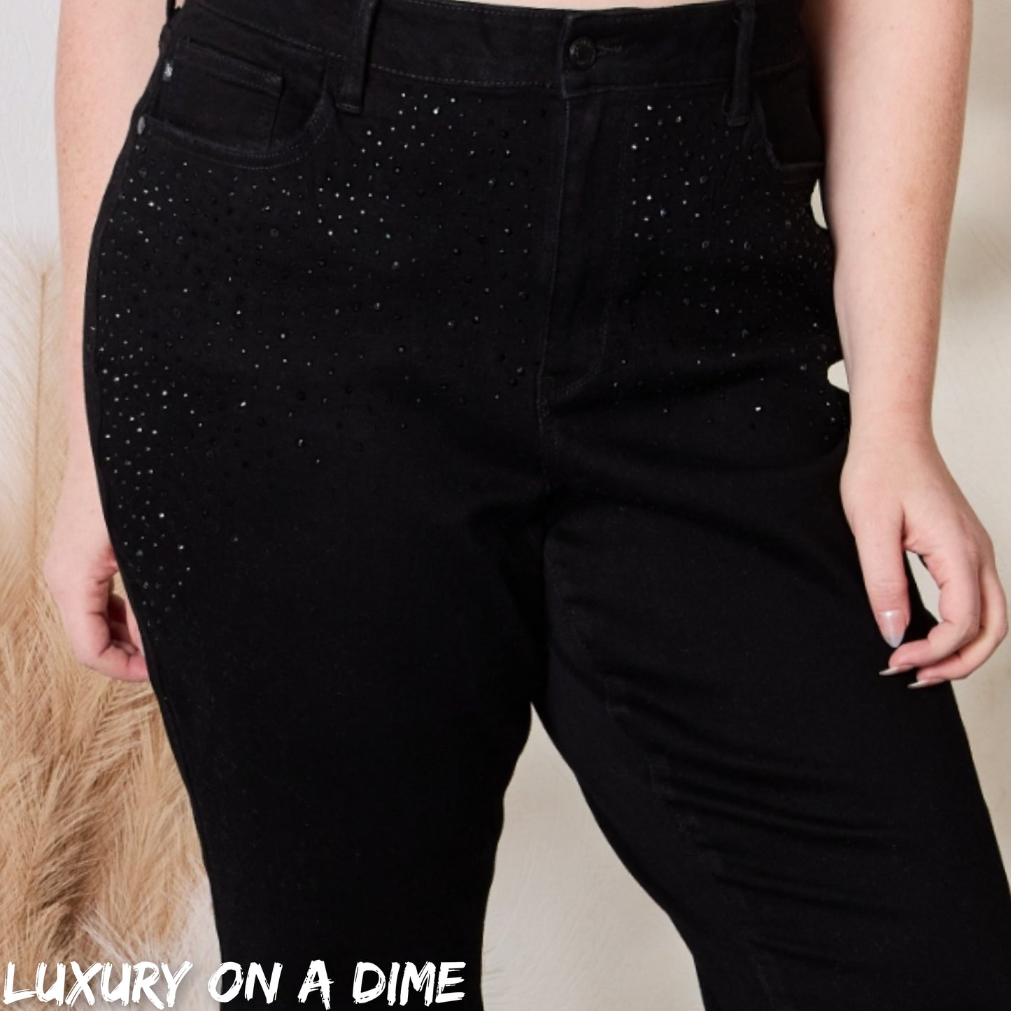 Black Rhinestone Accent Skinny Slim Fit Denim High Rise Waist Jean Pants
