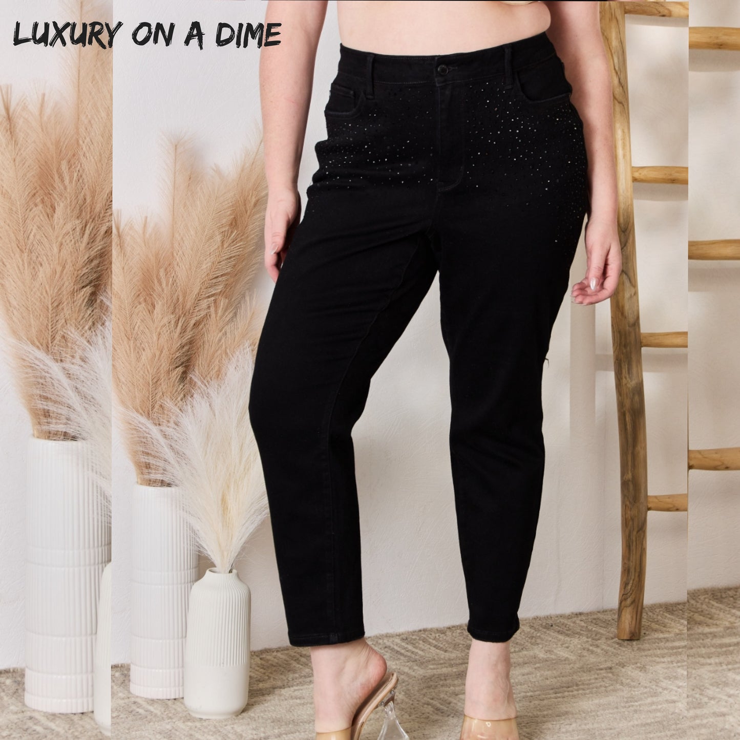 Black Rhinestone Accent Skinny Slim Fit Denim High Rise Waist Jean Pants