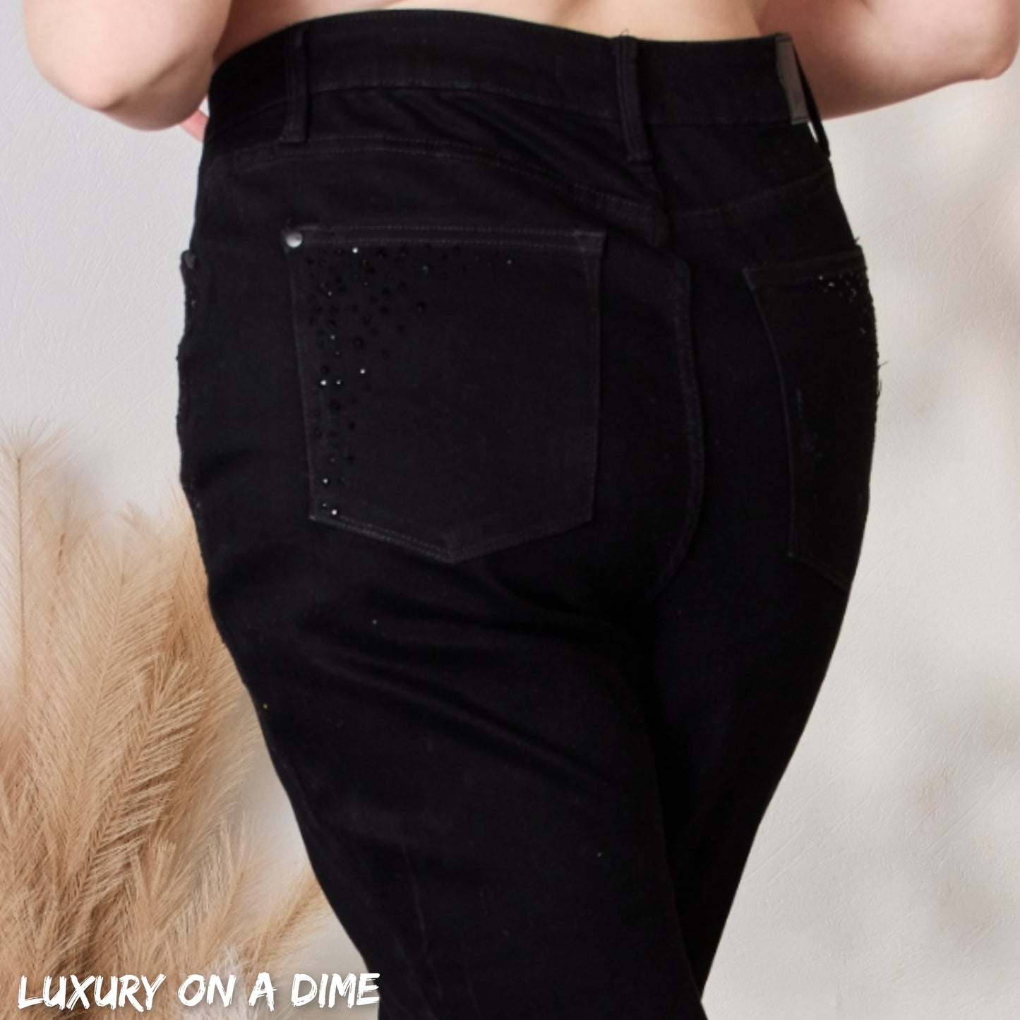 Black Rhinestone Accent Skinny Slim Fit Denim High Rise Waist Jean Pants