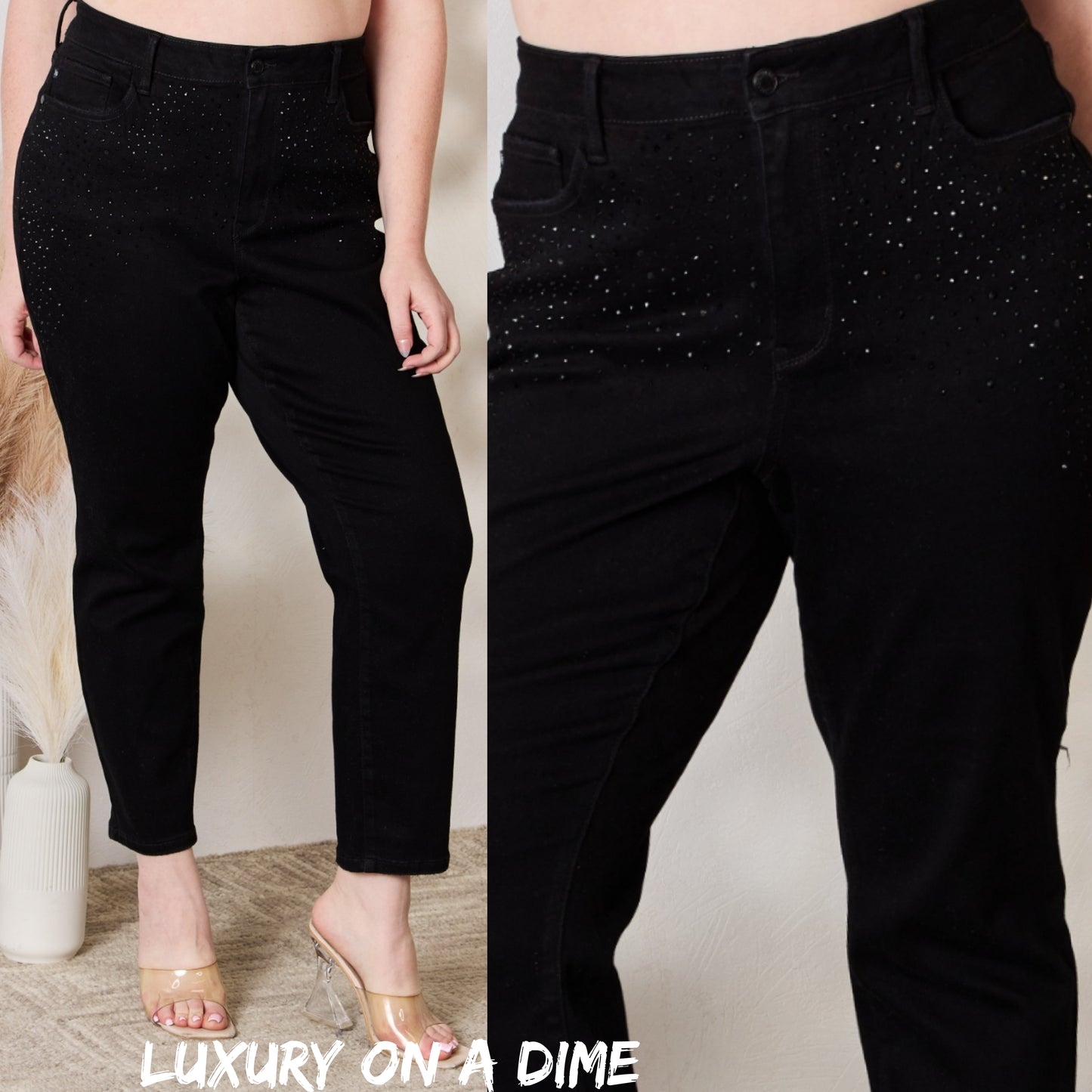 Black Rhinestone Accent Skinny Slim Fit Denim High Rise Waist Jean Pants
