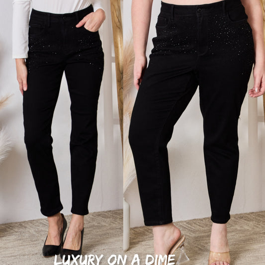 Black Rhinestone Accent Skinny Slim Fit Denim High Rise Waist Jean Pants