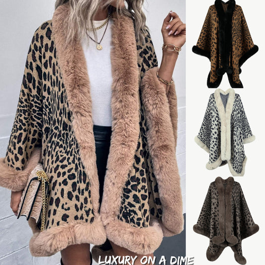 Large Leopard Plush Faux Fur Heavy Cardigan Oversized Sweater Poncho Jacket