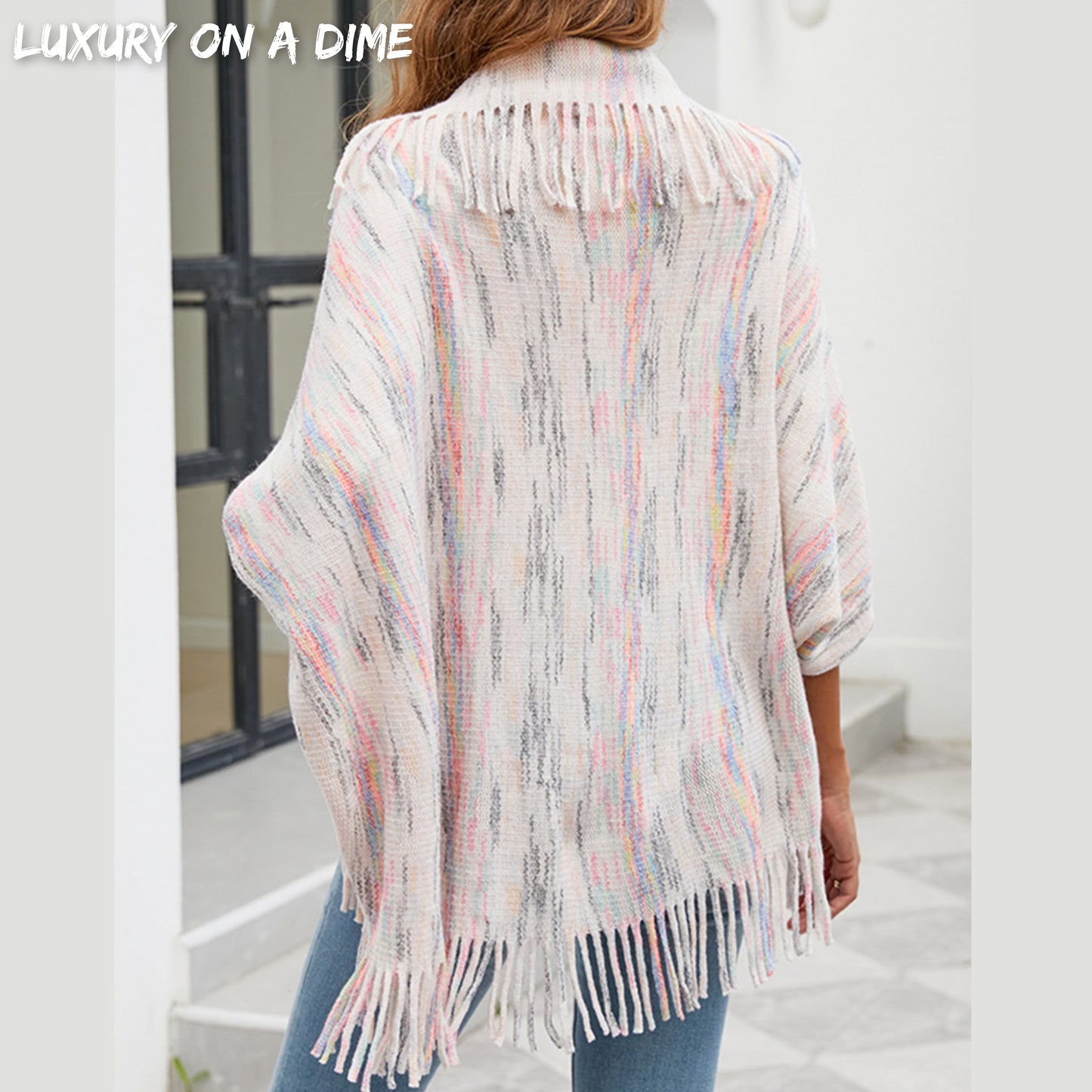 Colorful Glitch Retro Fringe Hem Open Front Shrug Knit Bolero Sweater Cardigan