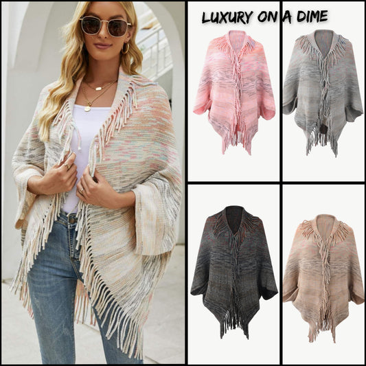 Colorful Rainbow Retro Fringe Hem Shrug Knit Bolero Open Front Sweater Cardigan