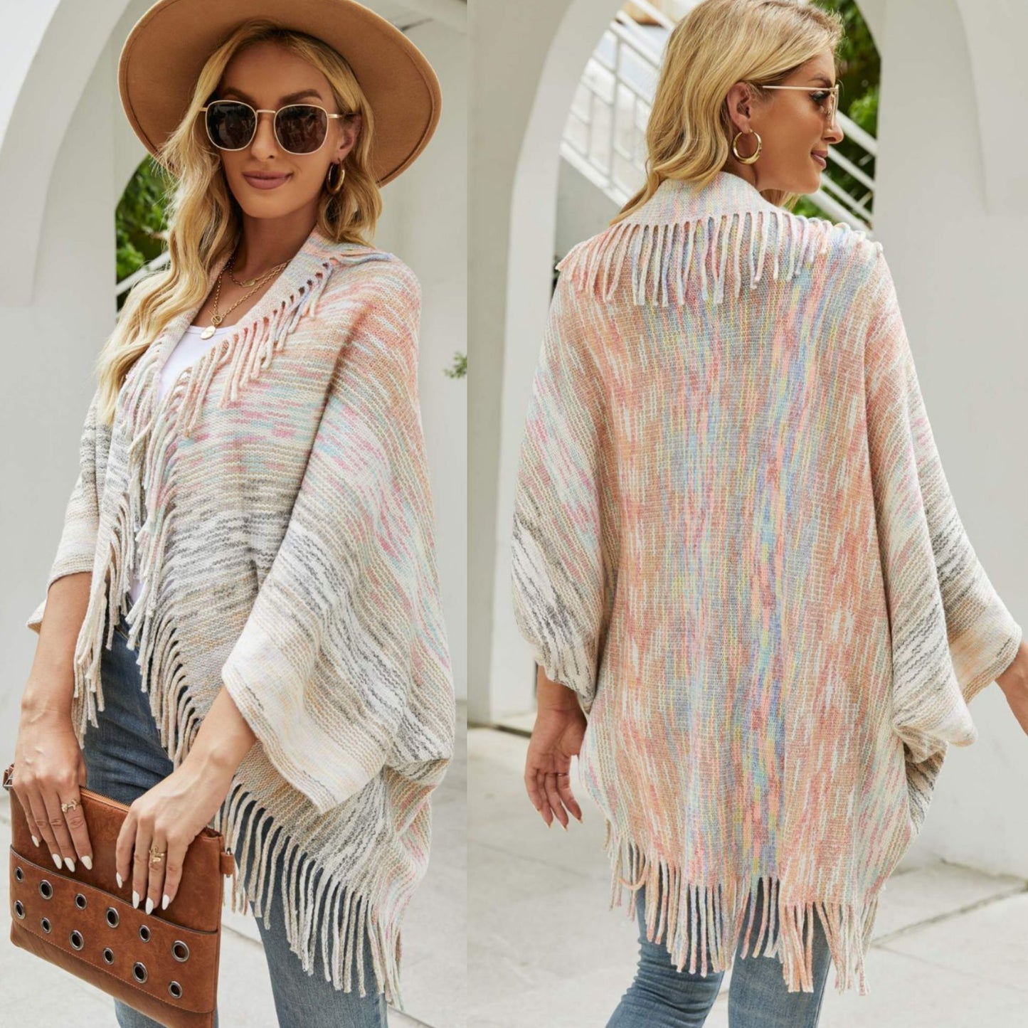 Colorful Rainbow Retro Fringe Hem Shrug Knit Bolero Open Front Sweater Cardigan