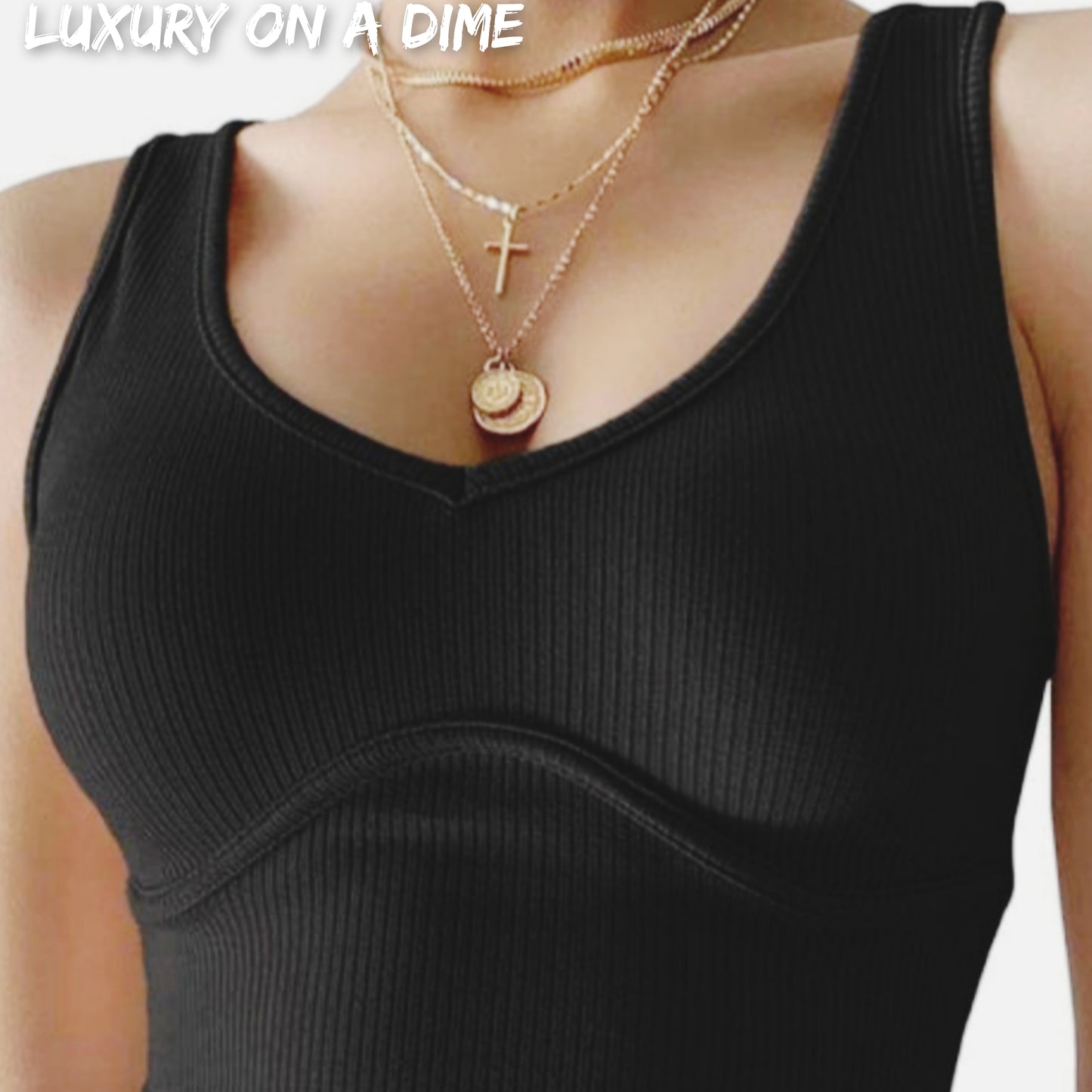 Ribbed Knit Exposed Seam Sleeveless V-neck Crop Tank Top Black Shirt