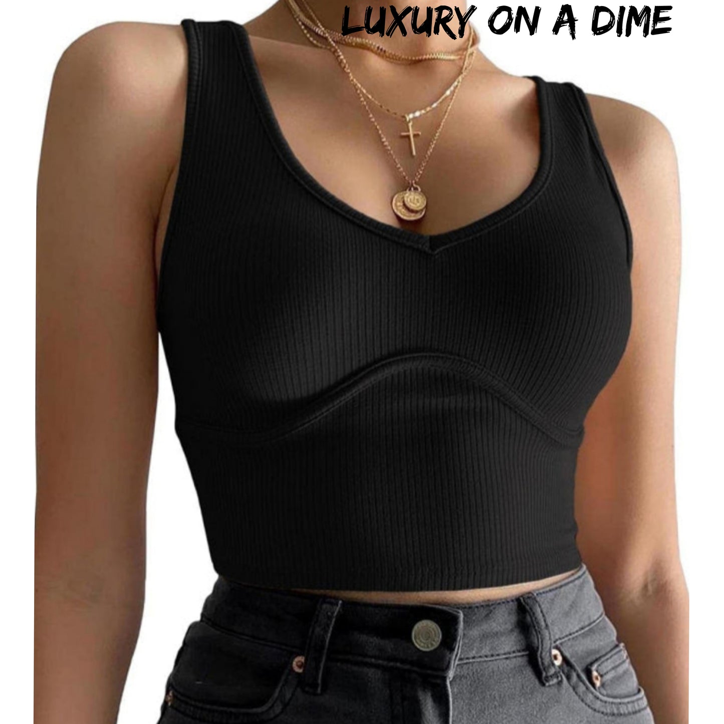 Ribbed Knit Exposed Seam Sleeveless V-neck Crop Tank Top Black Shirt