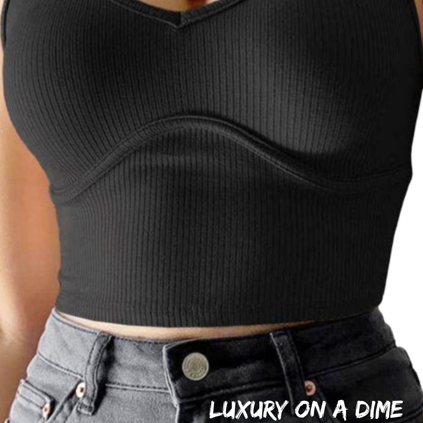 Ribbed Knit Exposed Seam Sleeveless V-neck Crop Tank Top Black Shirt