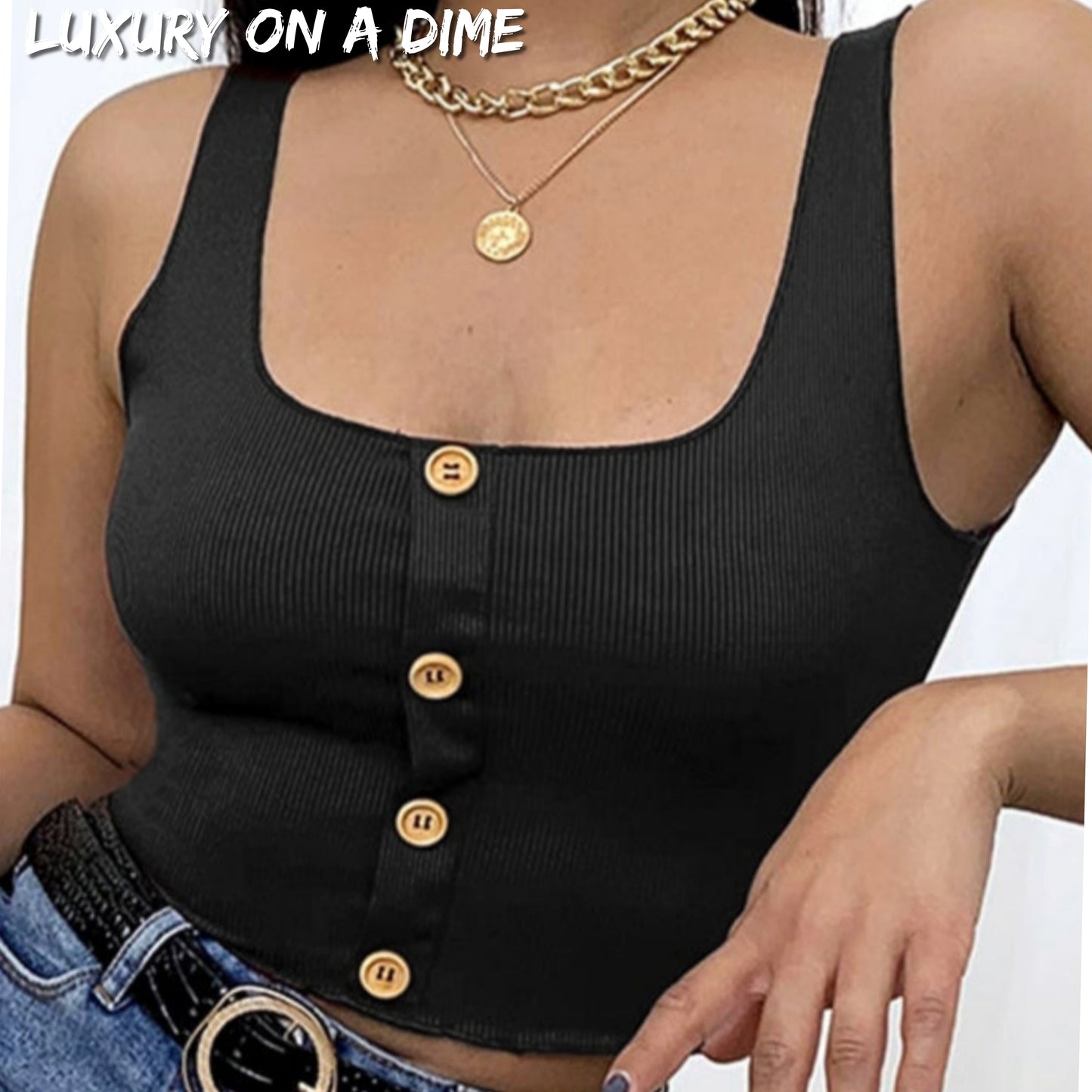 Ribbed Button Accent Sleeveless Tank Square Neck Crop Top Black Cami