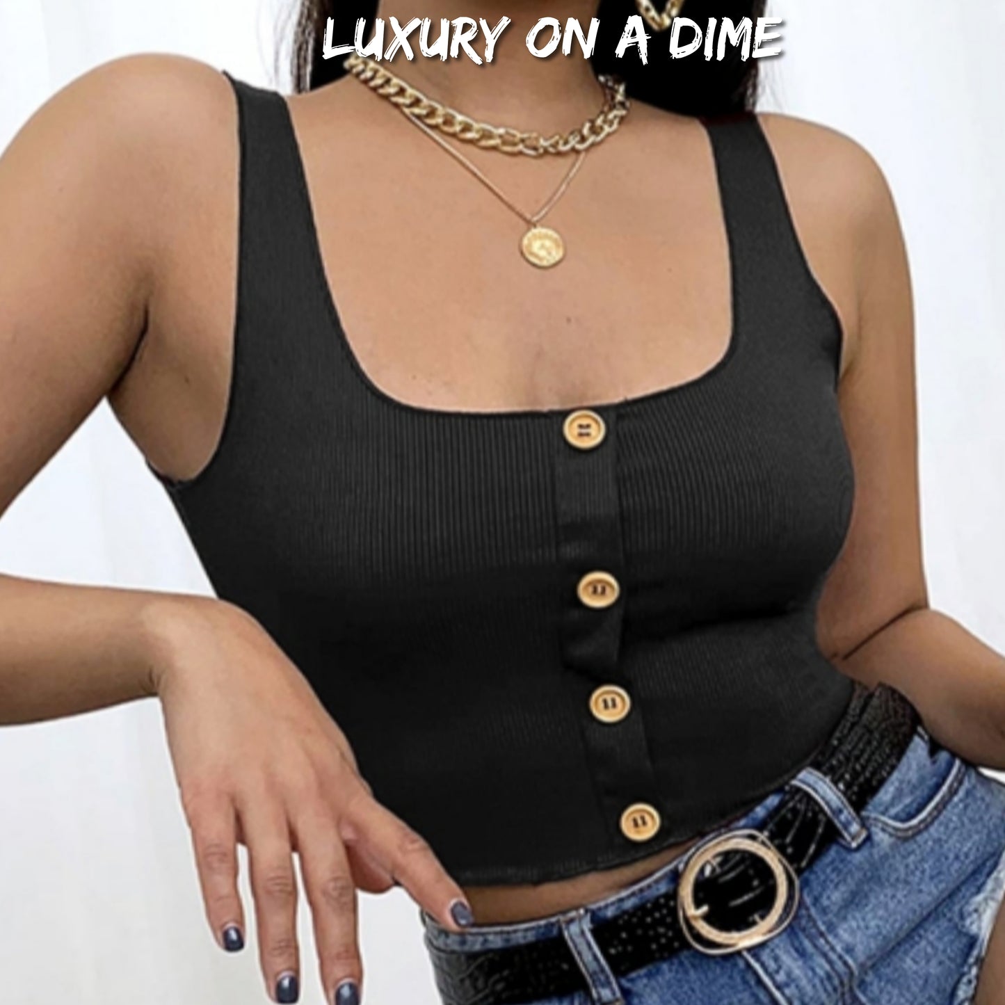 Ribbed Button Accent Sleeveless Tank Square Neck Crop Top Black Cami
