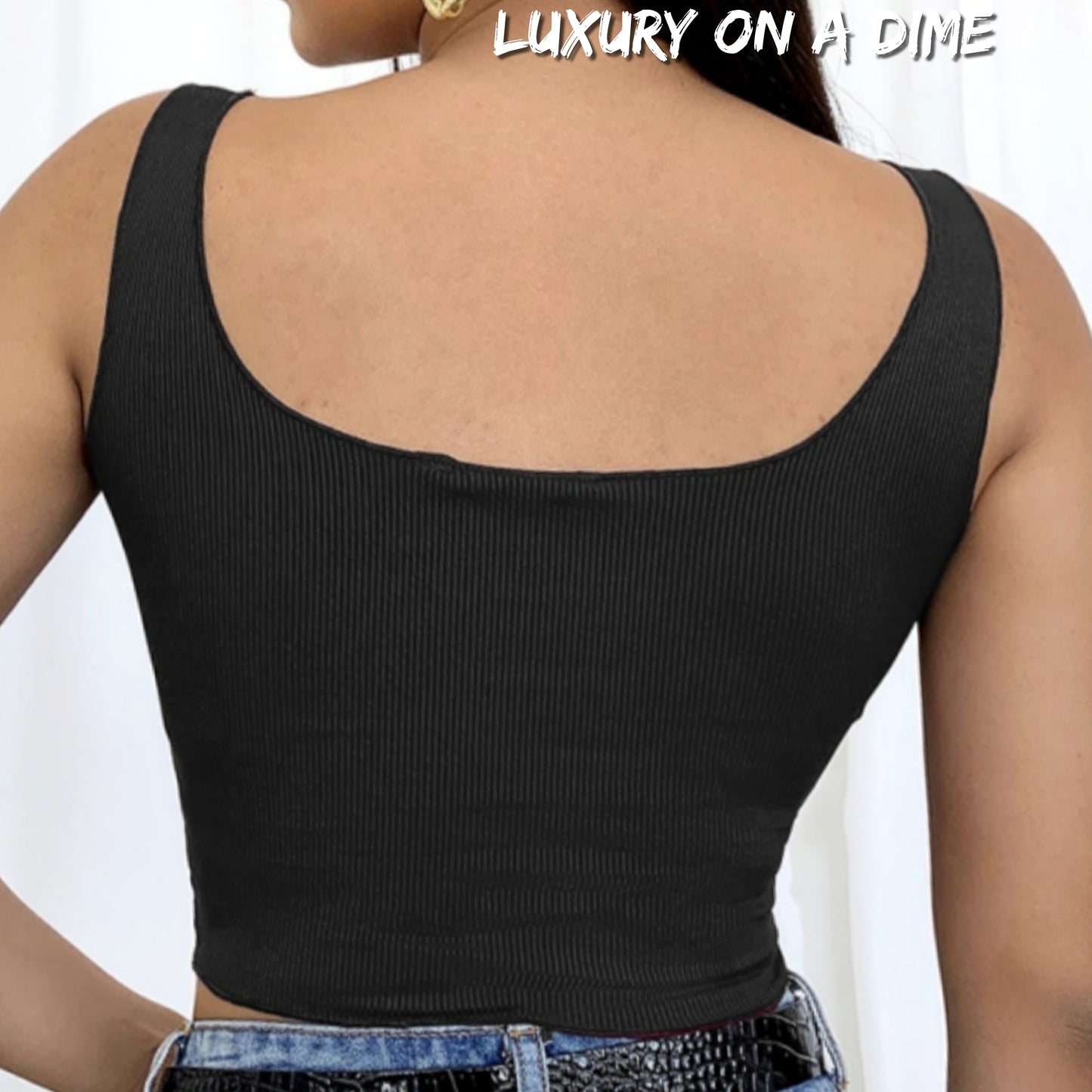Ribbed Button Accent Sleeveless Tank Square Neck Crop Top Black Cami