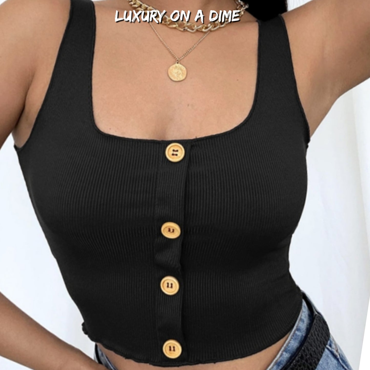 Ribbed Button Accent Sleeveless Tank Square Neck Crop Top Black Cami