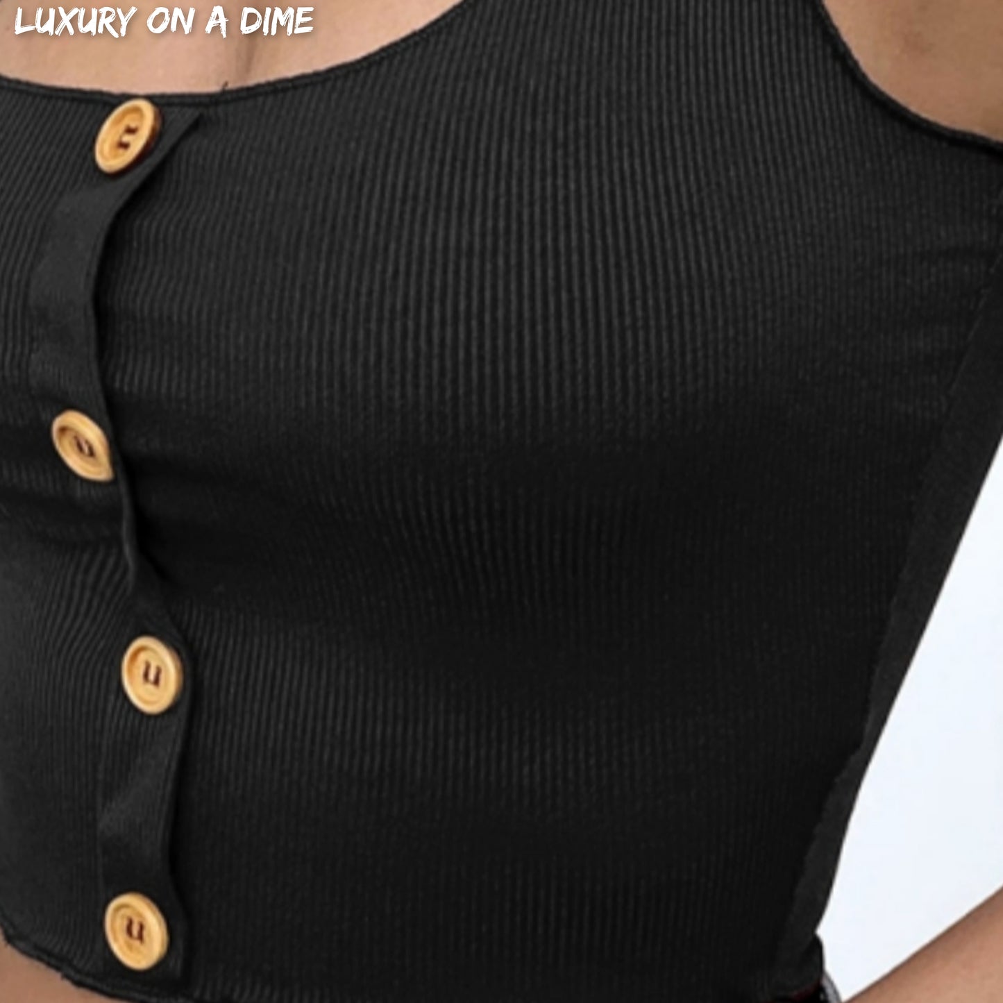 Ribbed Button Accent Sleeveless Tank Square Neck Crop Top Black Cami
