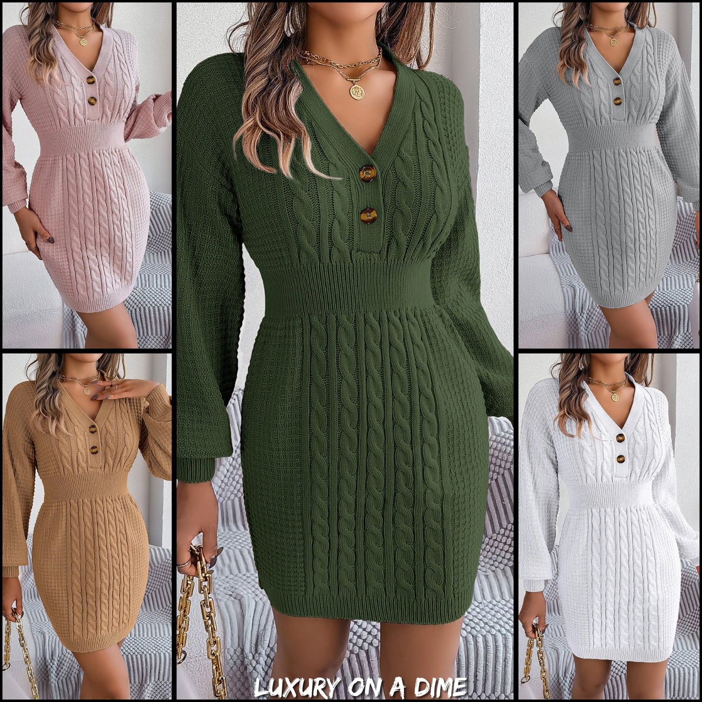 Cable Waffle Knit Blend Sweater Dress Buttoned V-neck Long Sleeve Mini