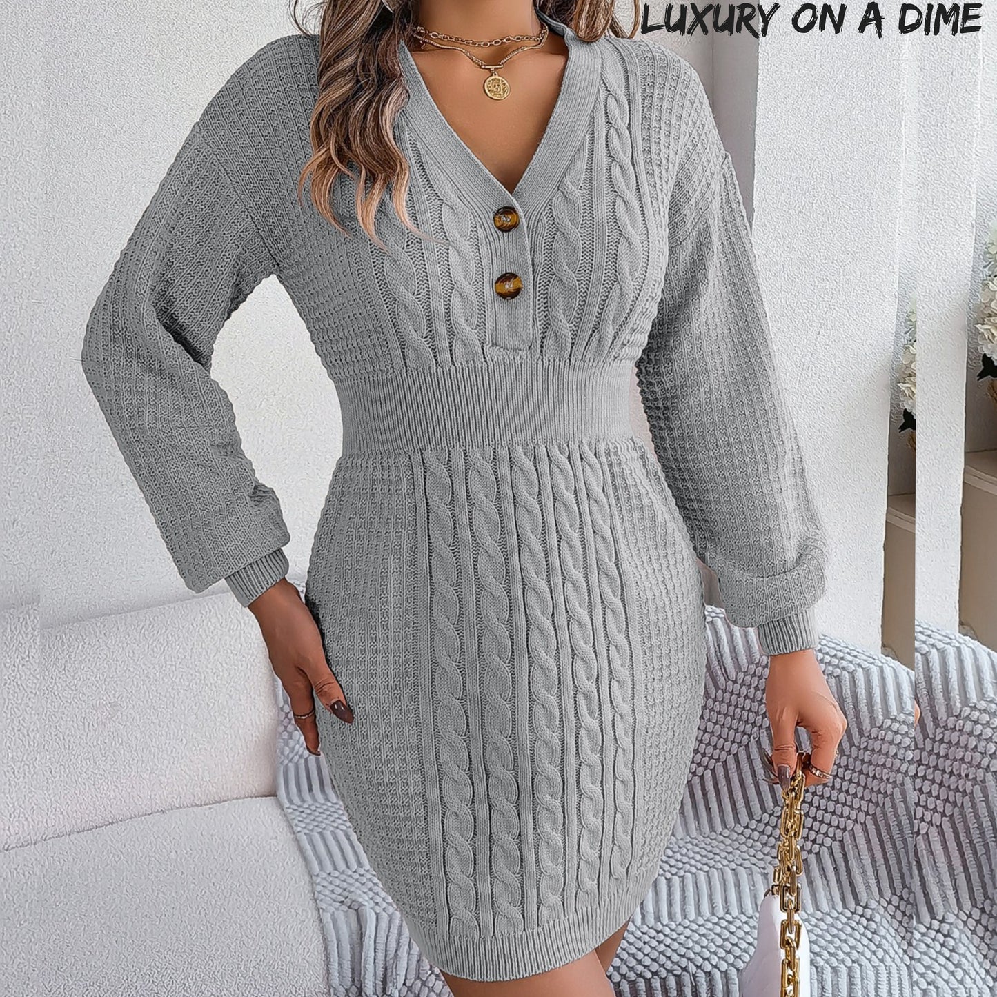 Cable Waffle Knit Blend Sweater Dress Buttoned V-neck Long Sleeve Mini