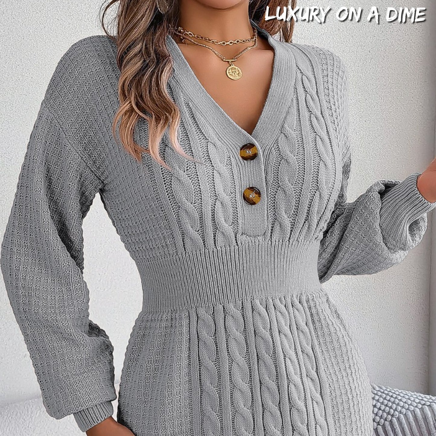 Cable Waffle Knit Blend Sweater Dress Buttoned V-neck Long Sleeve Mini