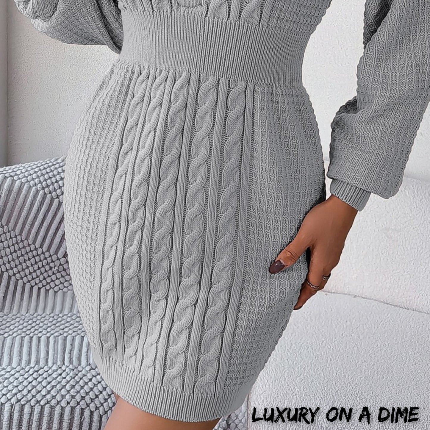 Cable Waffle Knit Blend Sweater Dress Buttoned V-neck Long Sleeve Mini