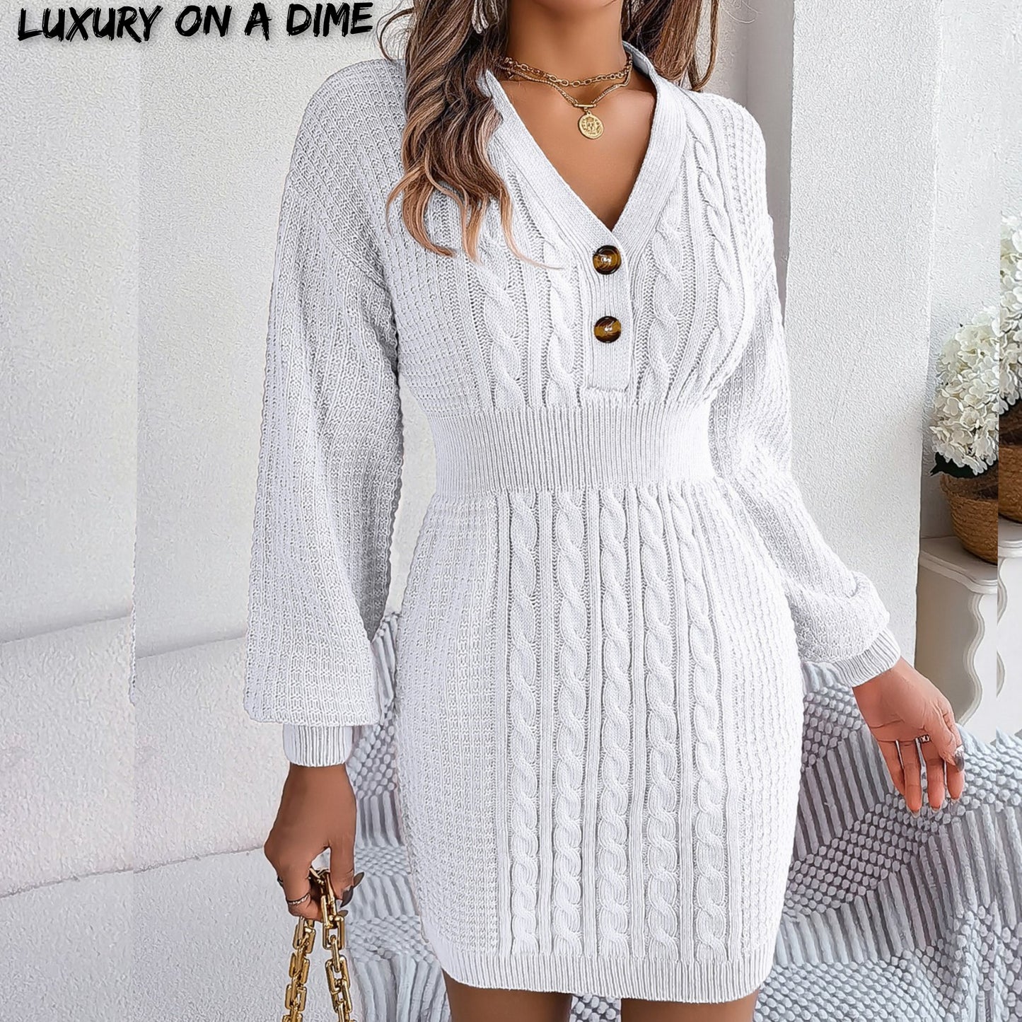 Cable Waffle Knit Blend Sweater Dress Buttoned V-neck Long Sleeve Mini