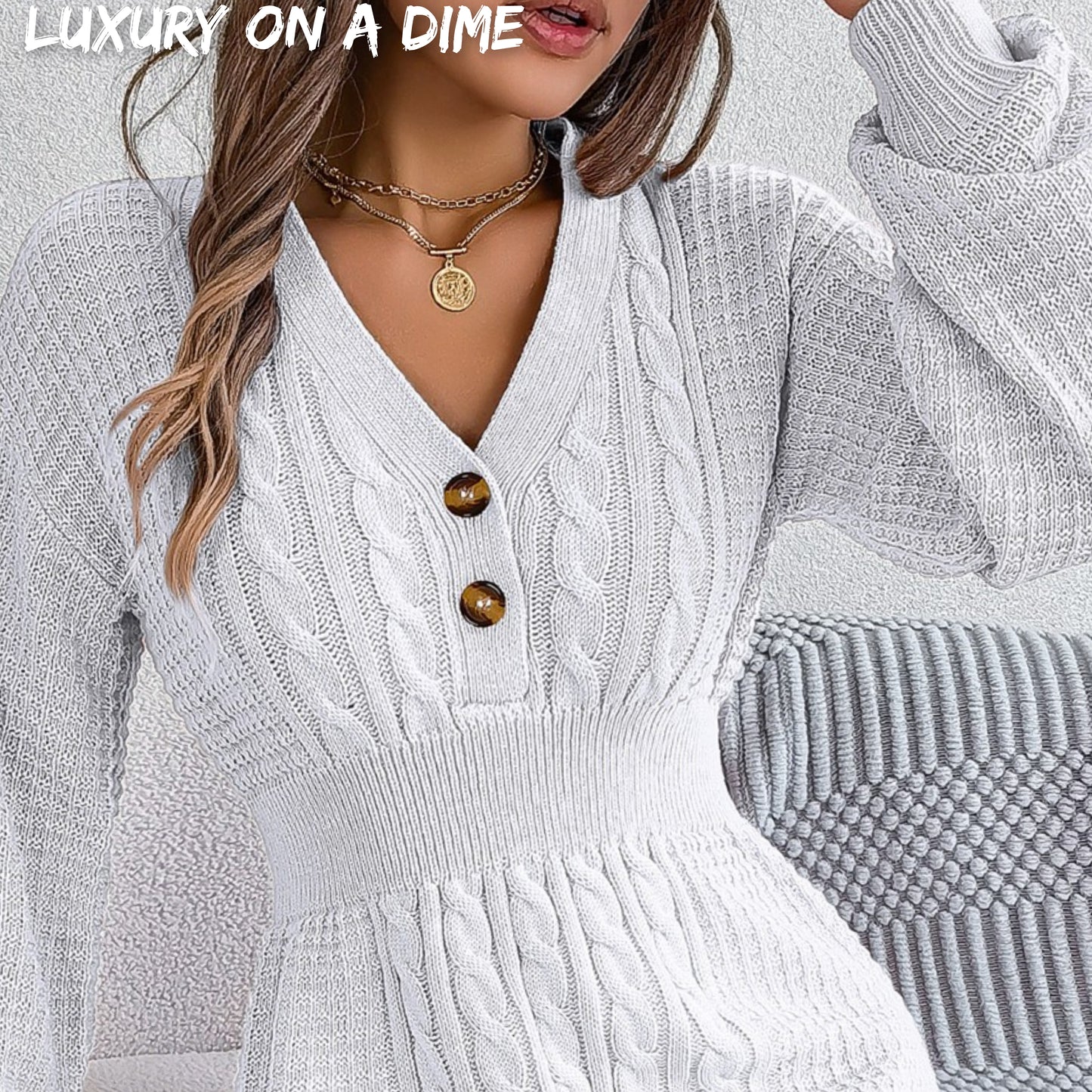 Cable Waffle Knit Blend Sweater Dress Buttoned V-neck Long Sleeve Mini