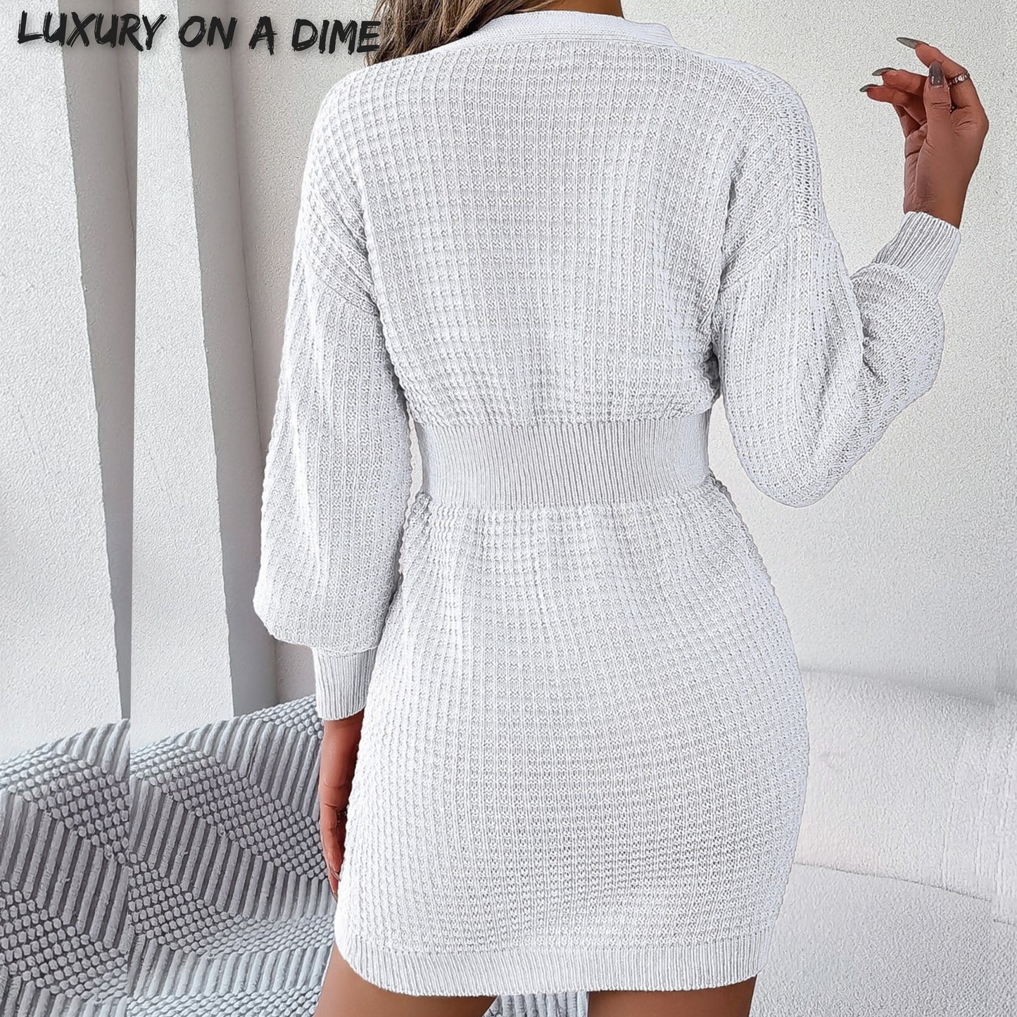 Cable Waffle Knit Blend Sweater Dress Buttoned V-neck Long Sleeve Mini