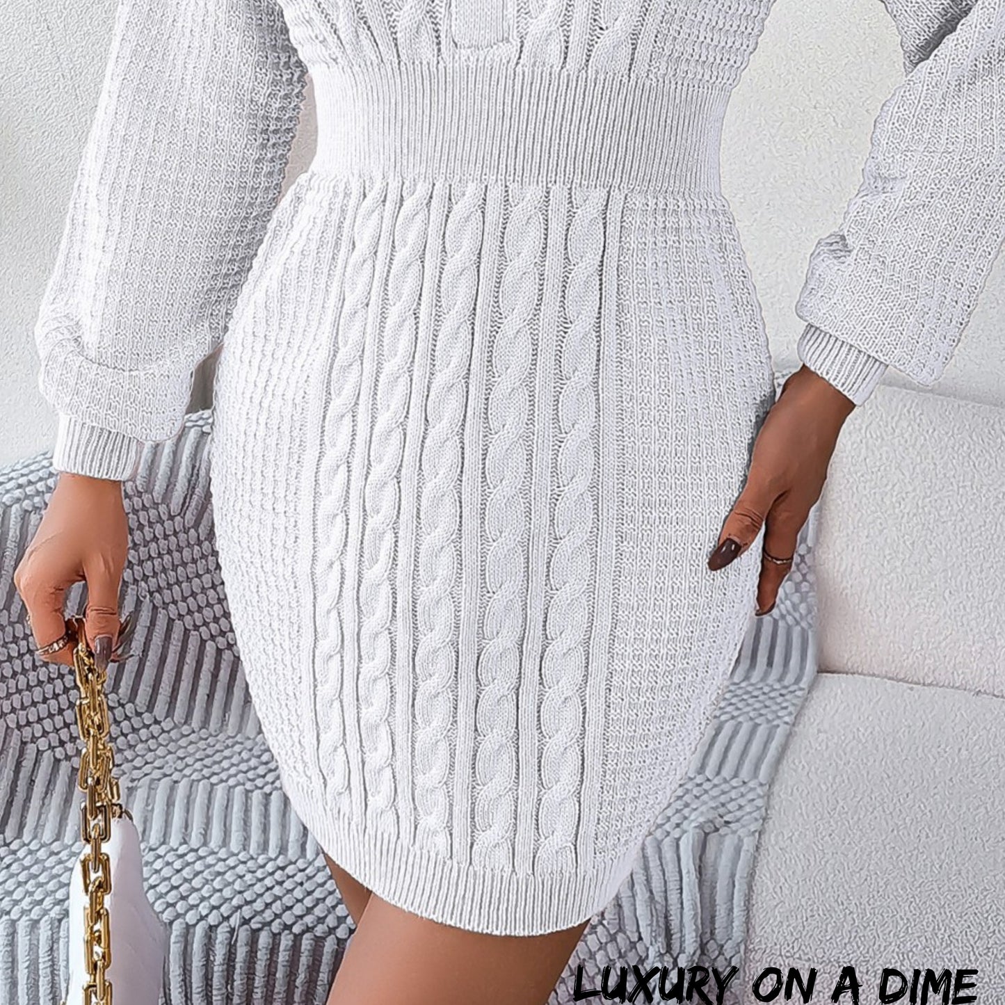 Cable Waffle Knit Blend Sweater Dress Buttoned V-neck Long Sleeve Mini