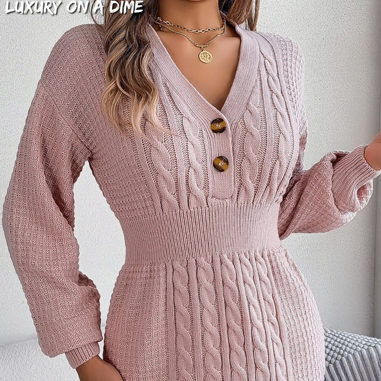 Cable Waffle Knit Blend Sweater Dress Buttoned V-neck Long Sleeve Mini