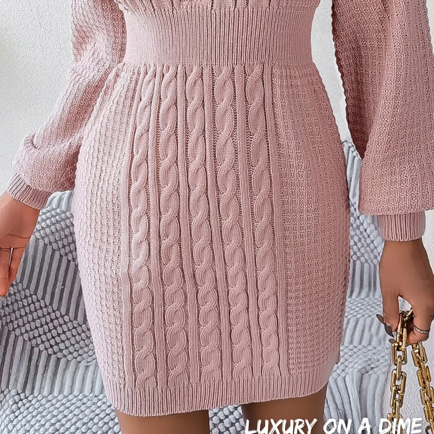 Cable Waffle Knit Blend Sweater Dress Buttoned V-neck Long Sleeve Mini