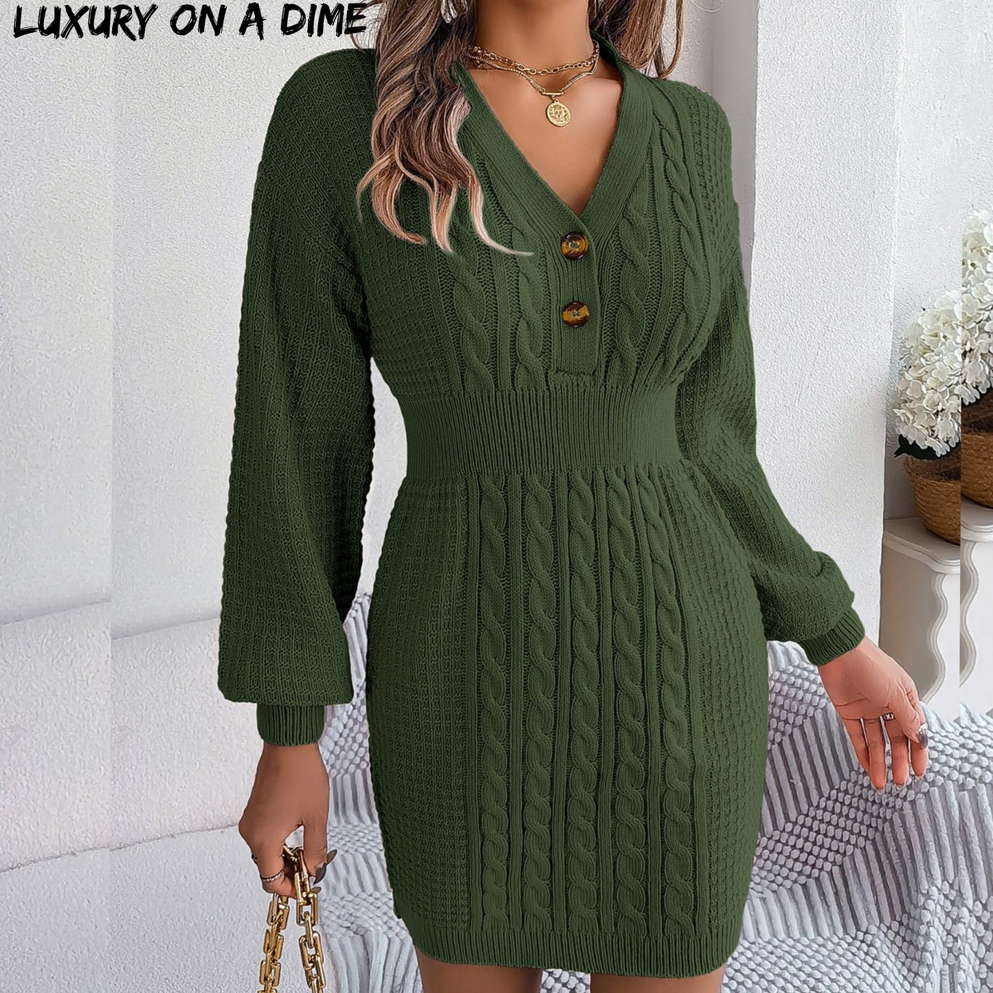Cable Waffle Knit Blend Sweater Dress Buttoned V-neck Long Sleeve Mini