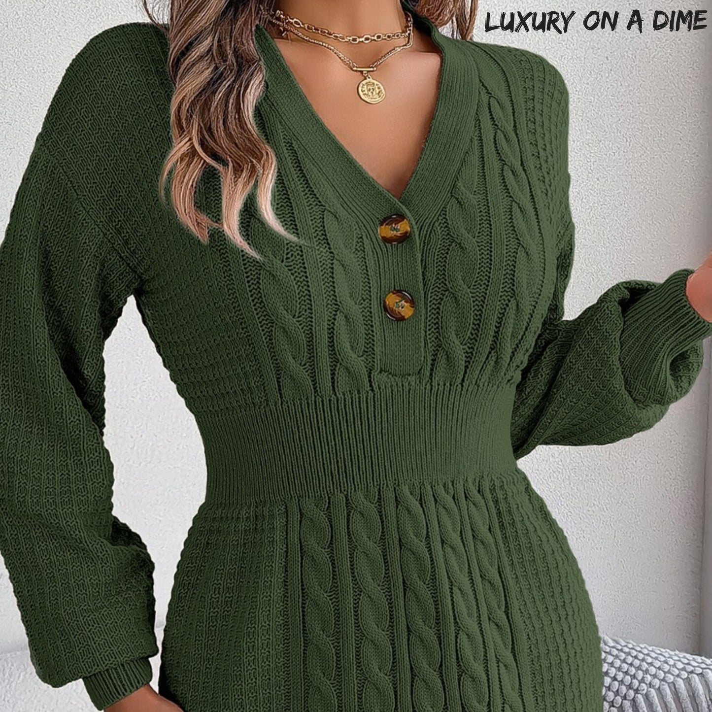 Cable Waffle Knit Blend Sweater Dress Buttoned V-neck Long Sleeve Mini