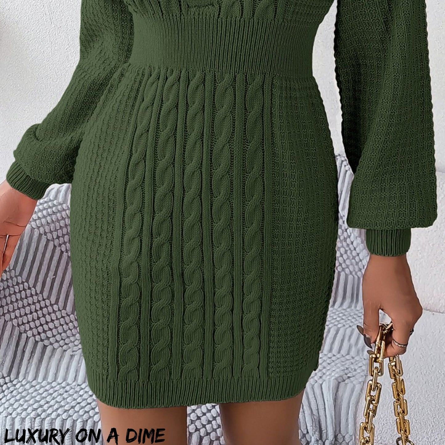 Cable Waffle Knit Blend Sweater Dress Buttoned V-neck Long Sleeve Mini