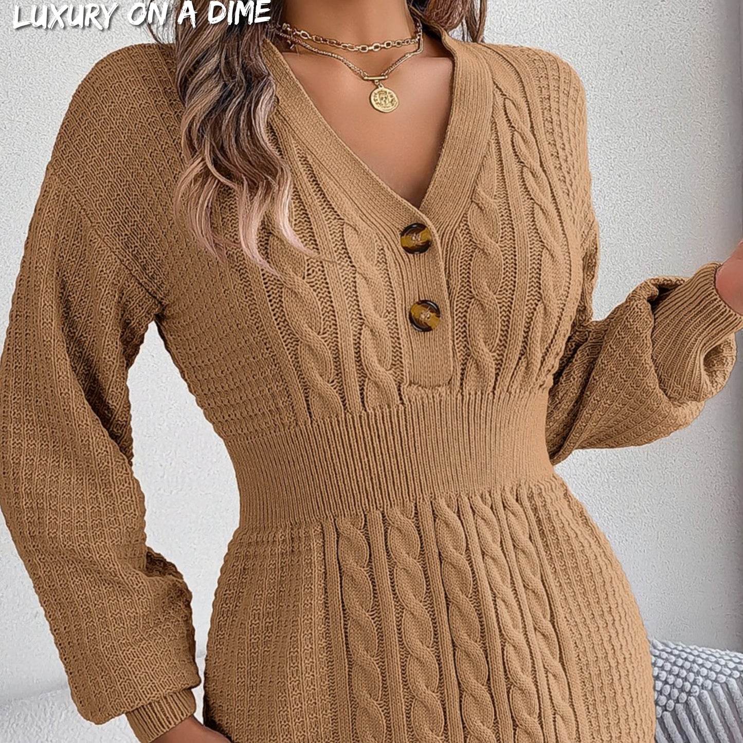 Cable Waffle Knit Blend Sweater Dress Buttoned V-neck Long Sleeve Mini