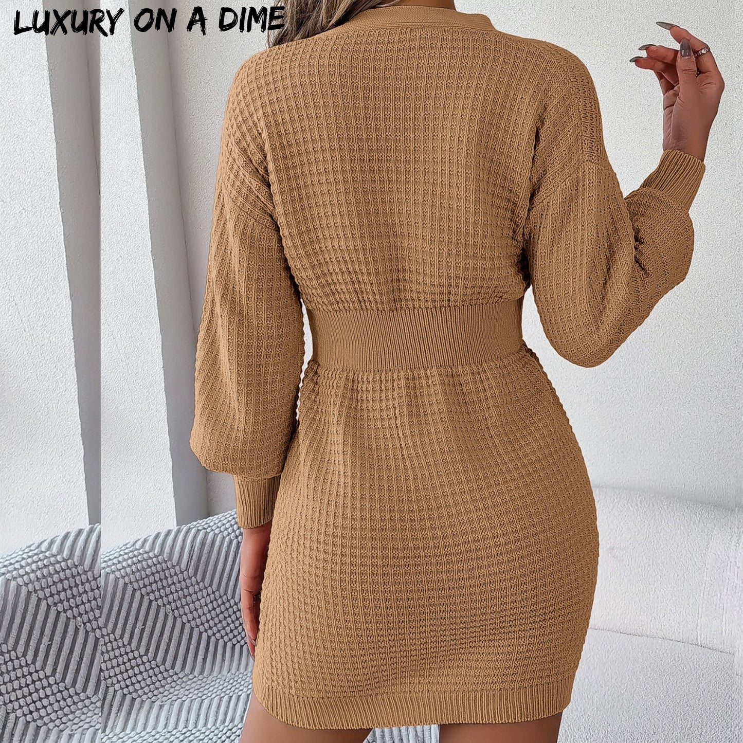 Cable Waffle Knit Blend Sweater Dress Buttoned V-neck Long Sleeve Mini