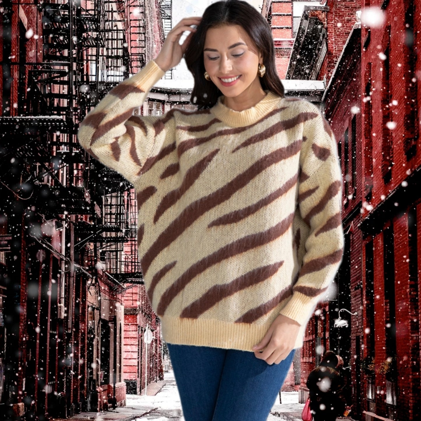 Zebra Stripe Animal Print Long Sleeve Round Neck Oversized Sweater Shirt