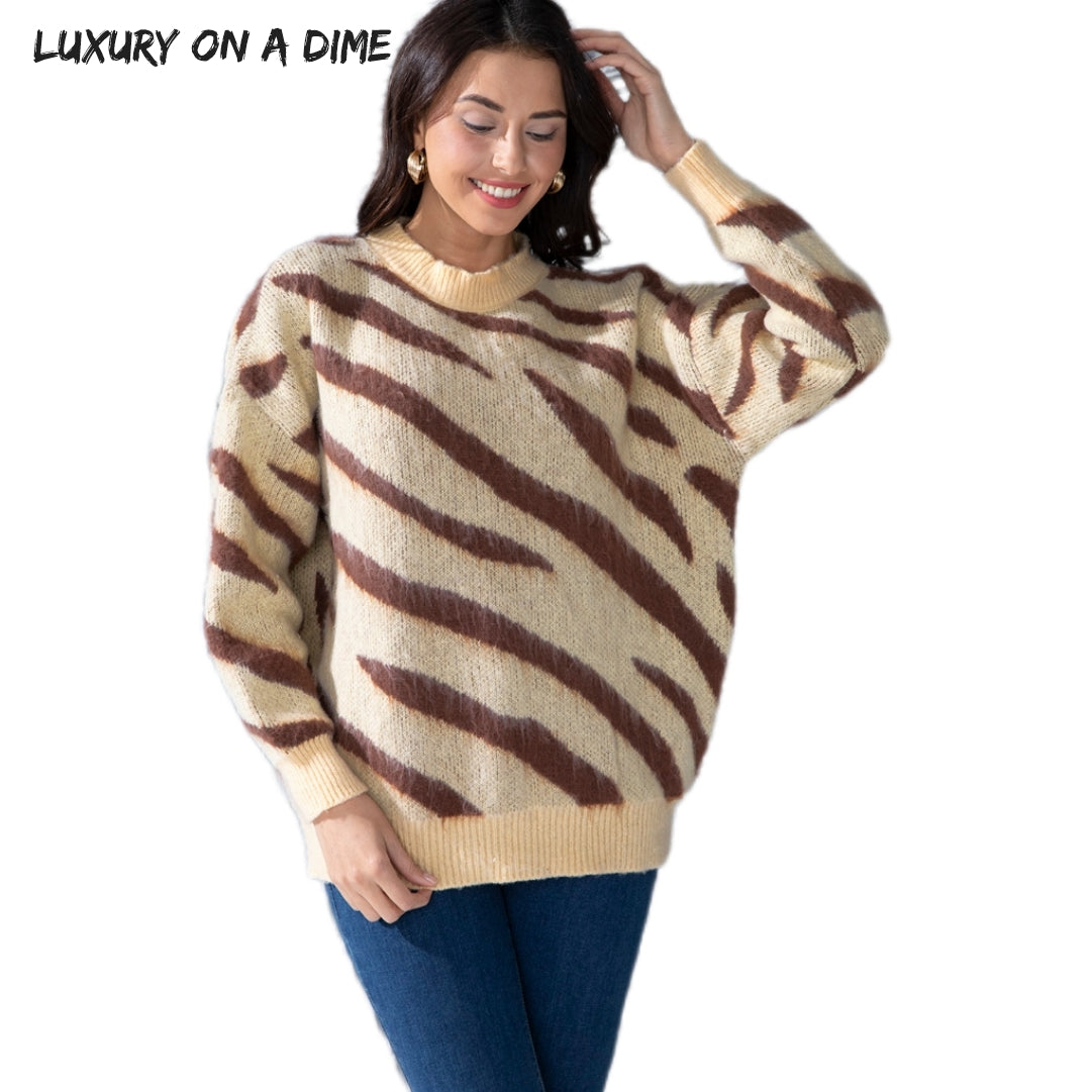 Zebra Stripe Animal Print Long Sleeve Round Neck Oversized Sweater Shirt