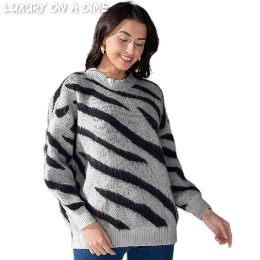 Zebra Stripe Animal Print Long Sleeve Round Neck Oversized Sweater Shirt