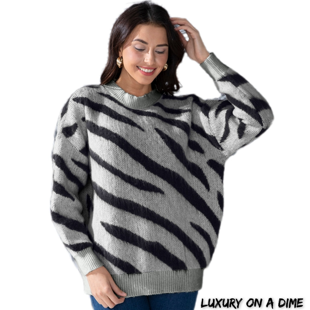 Zebra Stripe Animal Print Long Sleeve Round Neck Oversized Sweater Shirt
