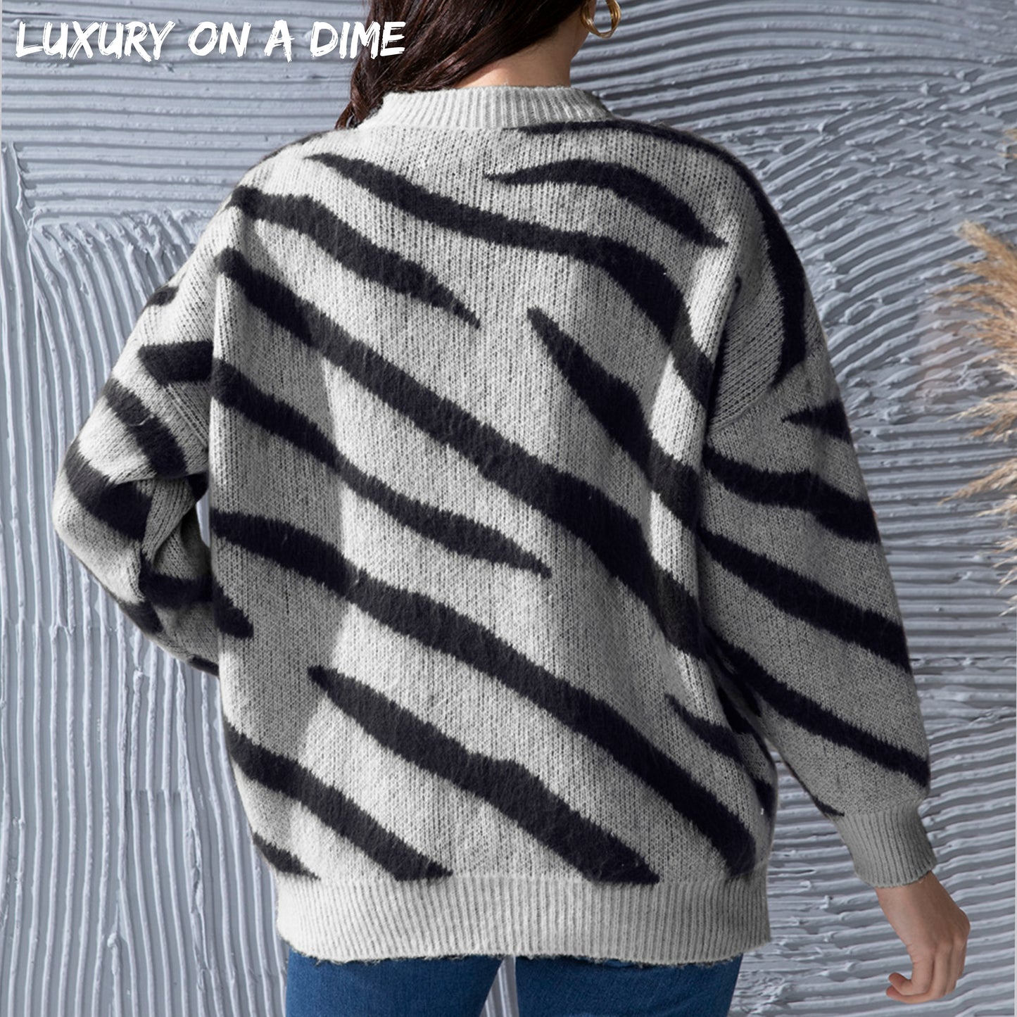 Zebra Stripe Animal Print Long Sleeve Round Neck Oversized Sweater Shirt