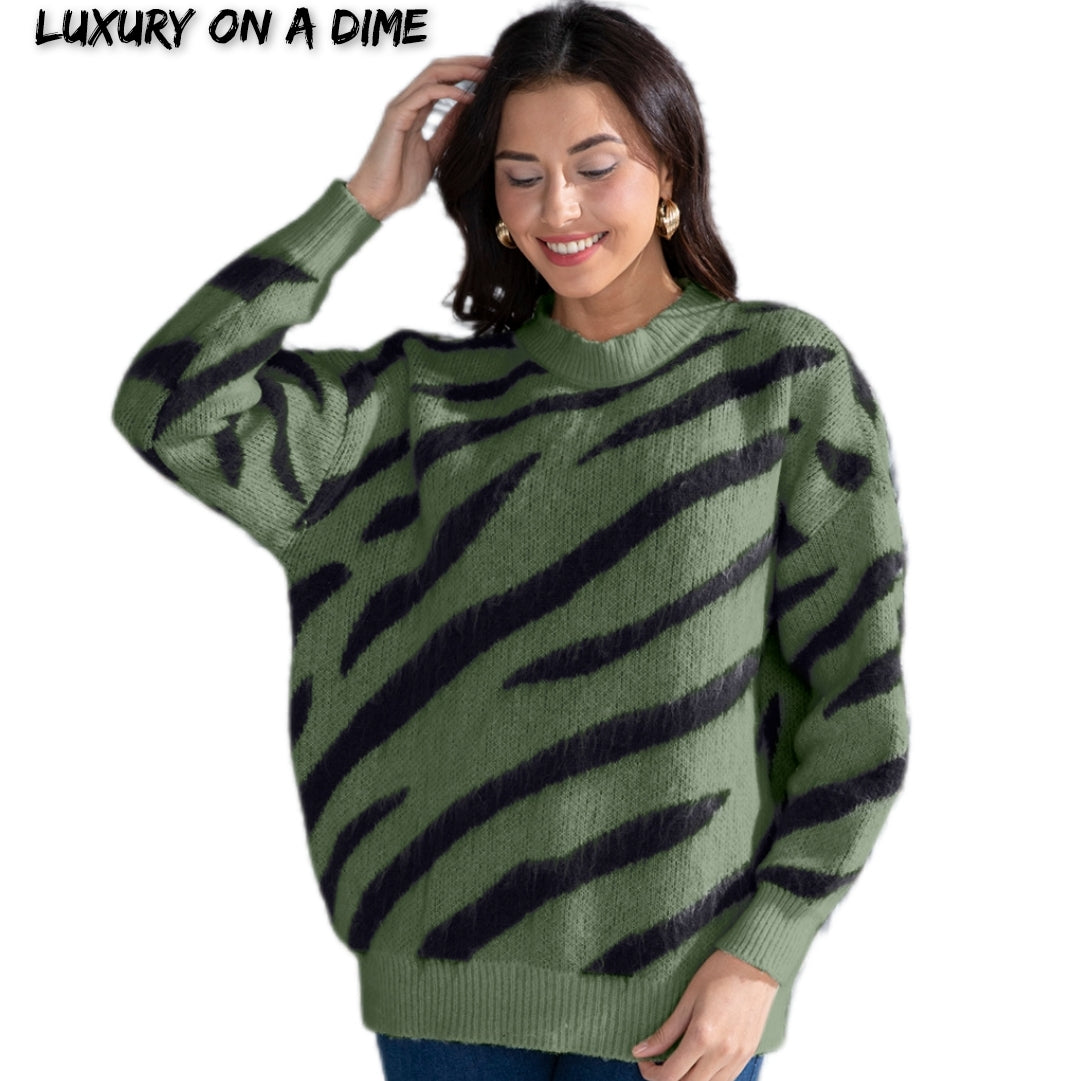 Zebra Stripe Animal Print Long Sleeve Round Neck Oversized Sweater Shirt
