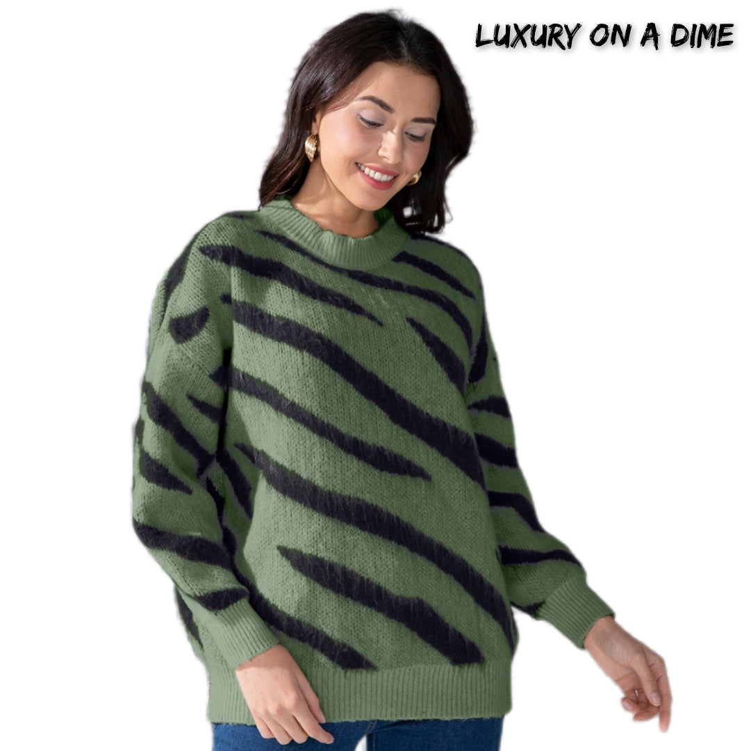 Zebra Stripe Animal Print Long Sleeve Round Neck Oversized Sweater Shirt