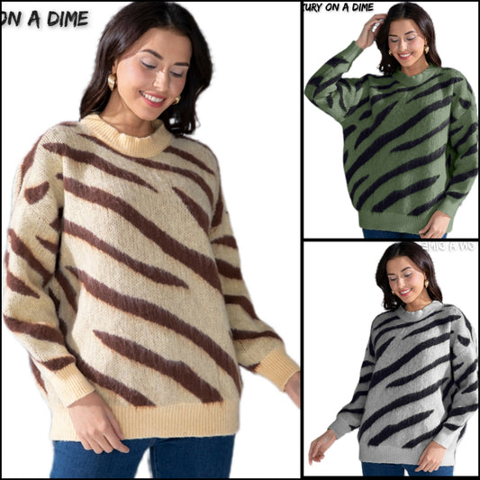 Zebra Stripe Animal Print Long Sleeve Round Neck Oversized Sweater Shirt