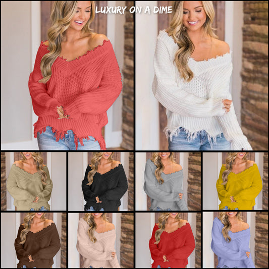 Distressed Raw Hem Off Shoulder Wide Neck Long Sleeve Waffle Knit Sweater Shirt