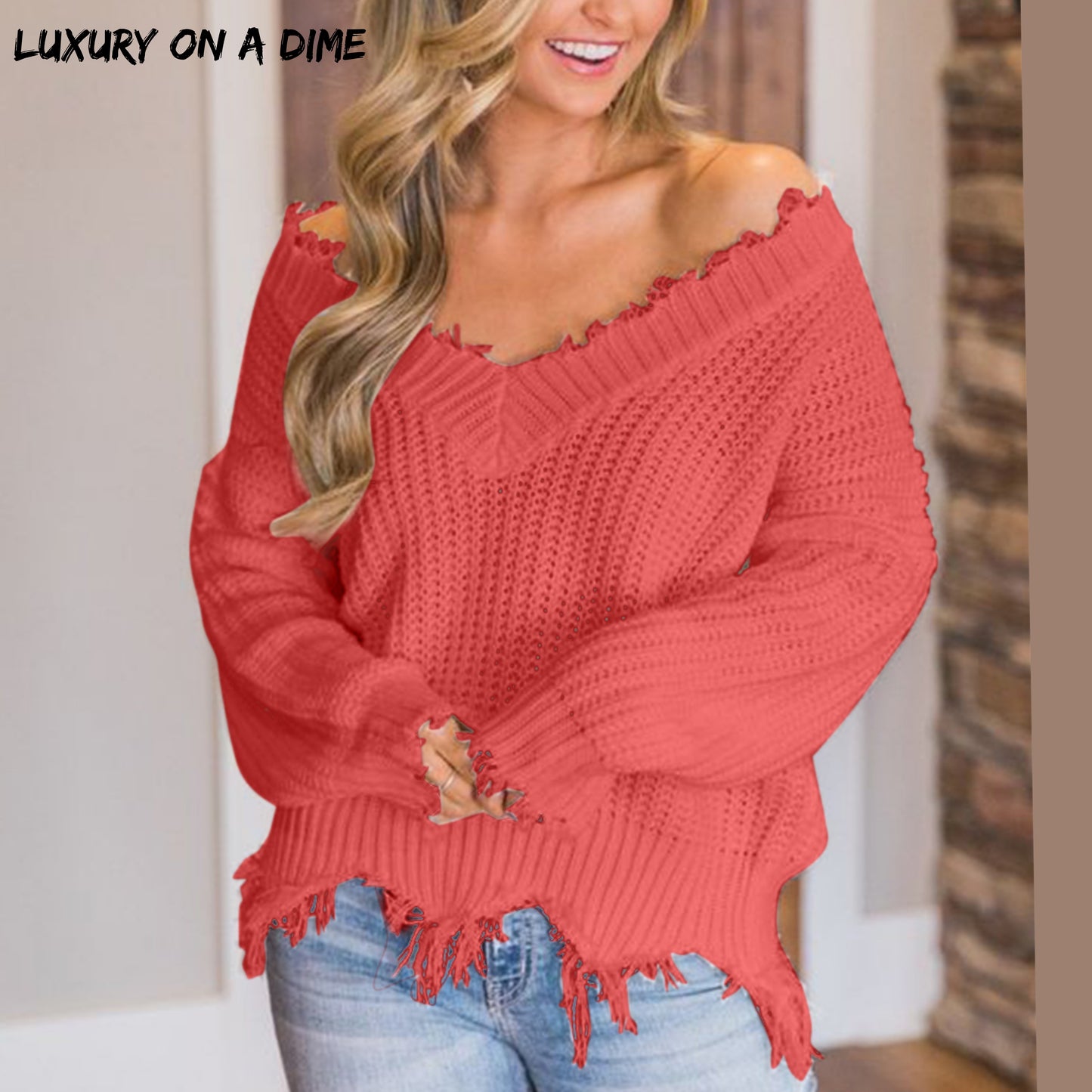 Distressed Raw Hem Off Shoulder Wide Neck Long Sleeve Waffle Knit Sweater Shirt