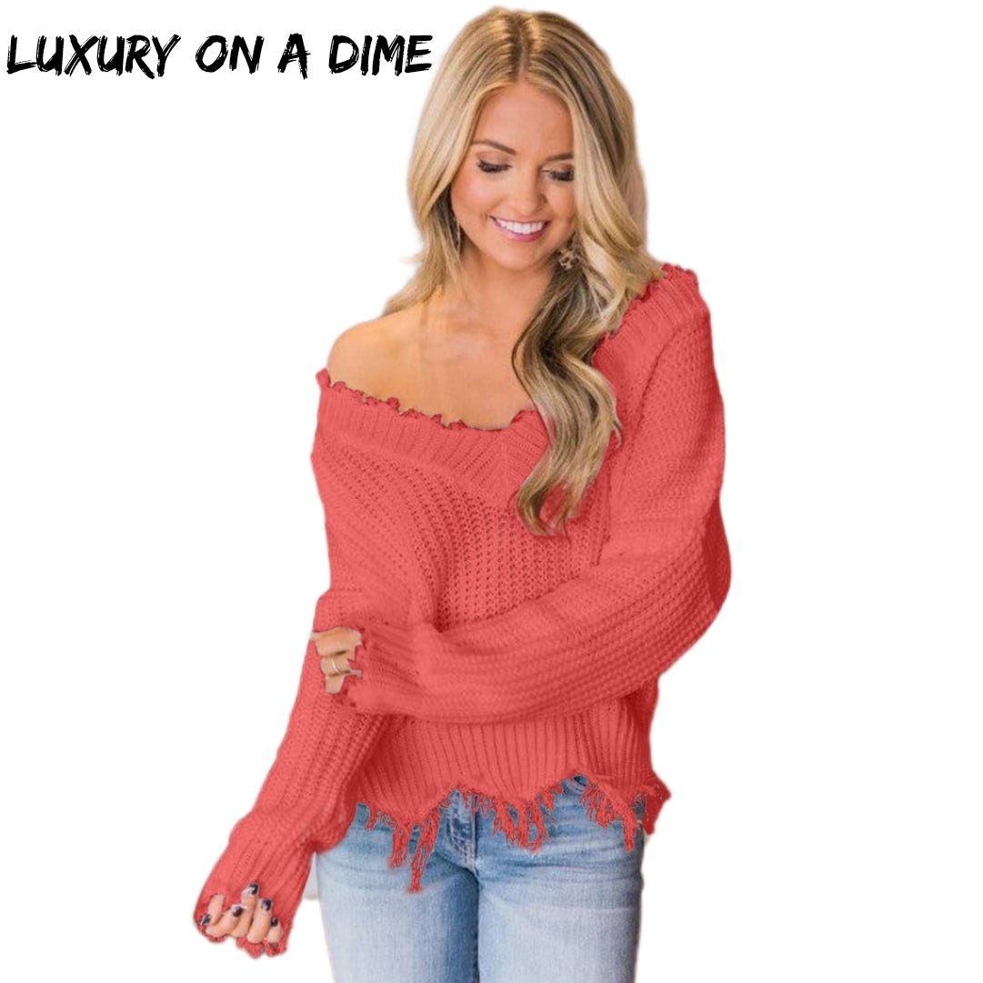 Distressed Raw Hem Off Shoulder Wide Neck Long Sleeve Waffle Knit Sweater Shirt