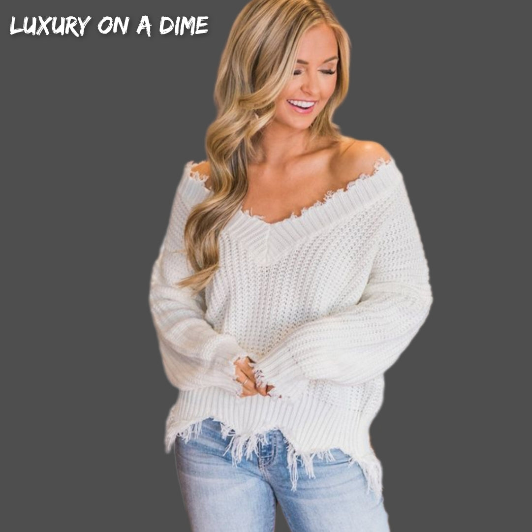 Distressed Raw Hem Off Shoulder Wide Neck Long Sleeve Waffle Knit Sweater Shirt