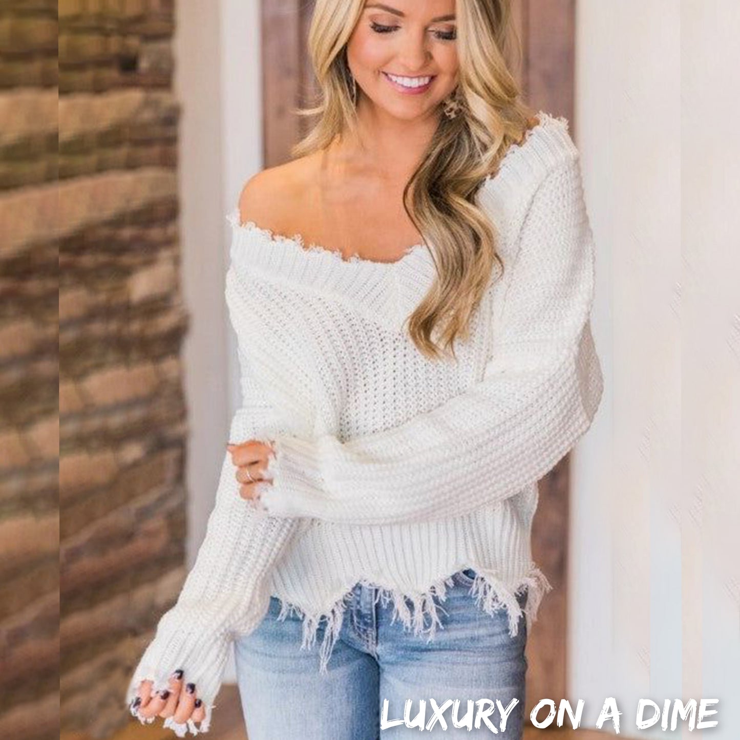 Distressed Raw Hem Off Shoulder Wide Neck Long Sleeve Waffle Knit Sweater Shirt